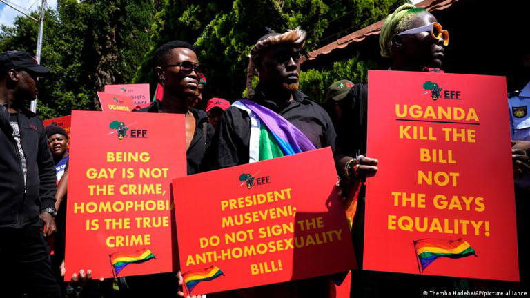 The newly signed law has been condemned by rights groups, sparking protests outside Ugandan diplomatic missions abroad© Themba Hadebe/AP/picture alliance