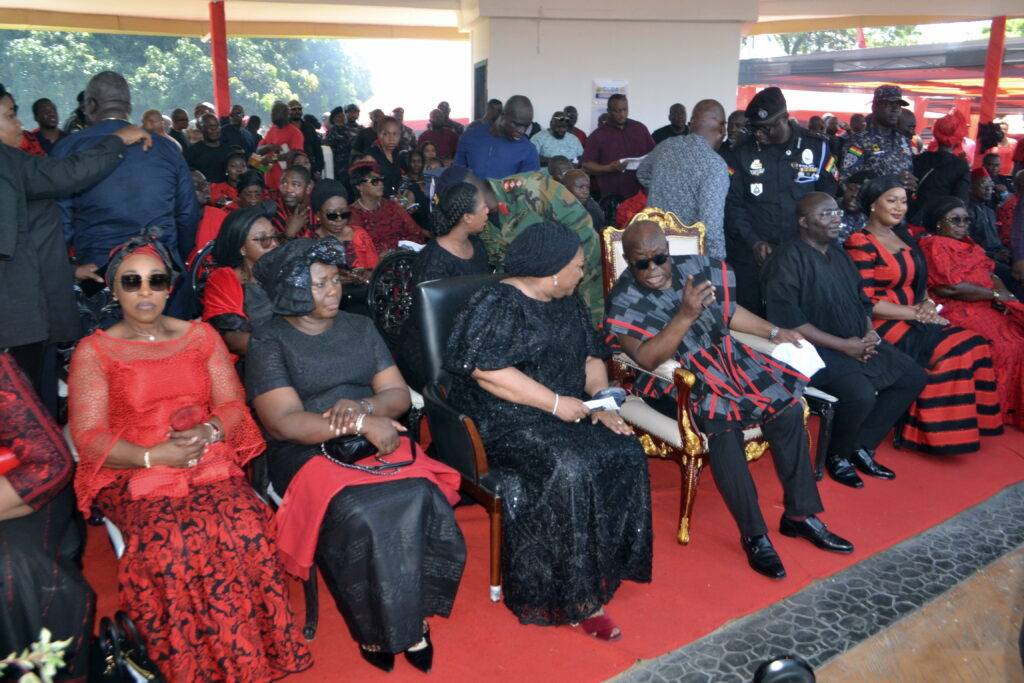 President Akufo-Addo (fourth from right) in a chat with Mrs Rebecca Akufo-Addo at the funeral of the late Naa Dedei Omaedru III, Ga Manye Photo Victor A. Buxton